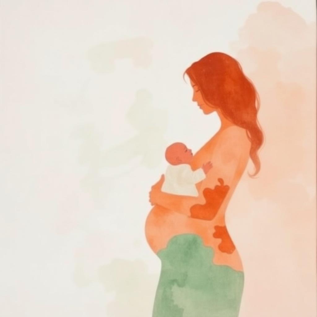 Zachte aquarel van een moeder die haar pasgeboren baby vasthoudt, in perzik en sage